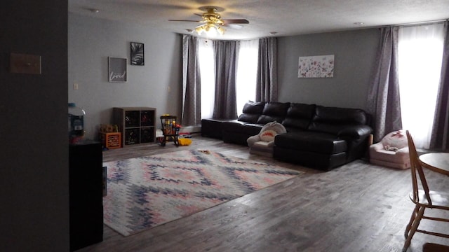 living room with ceiling fan, plenty of natural light, hardwood / wood-style floors, and a textured ceiling