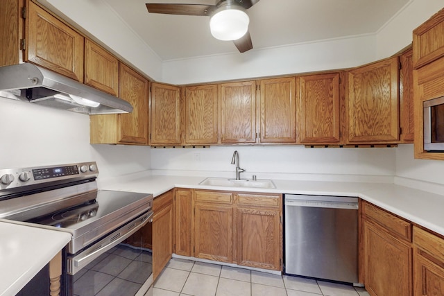 kitchen featuring appliances with stainless steel finishes, ventilation hood, ceiling fan, sink, and light tile patterned flooring