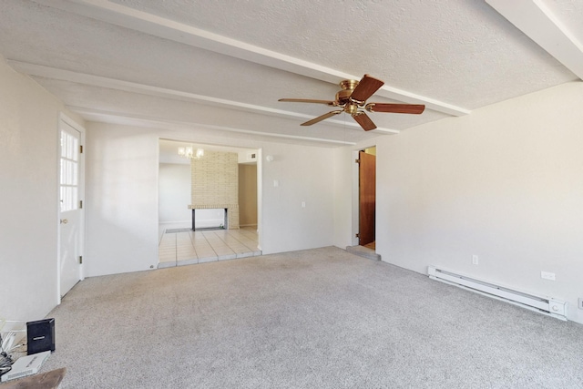 carpeted spare room with beam ceiling, ceiling fan, a textured ceiling, and a baseboard heating unit