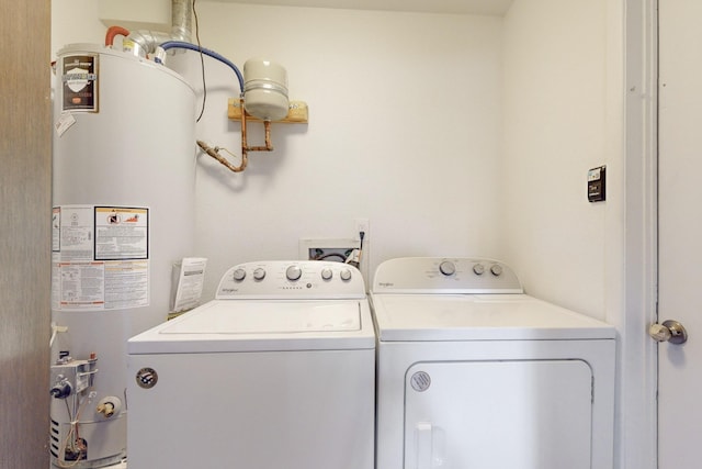 laundry room with water heater and washer and dryer