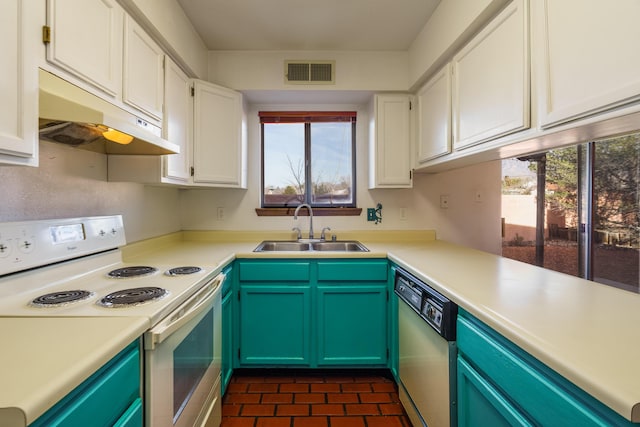 kitchen featuring a wealth of natural light, sink, dishwasher, white range with electric cooktop, and white cabinetry