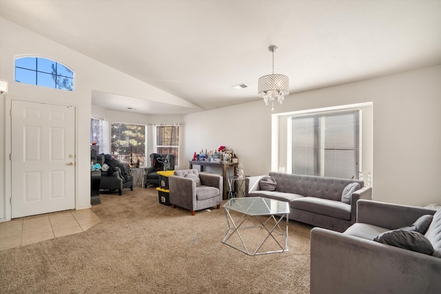 living room with light tile patterned floors, lofted ceiling, light colored carpet, visible vents, and an inviting chandelier