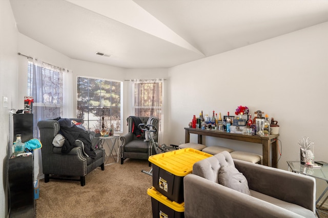 carpeted living room featuring lofted ceiling and visible vents