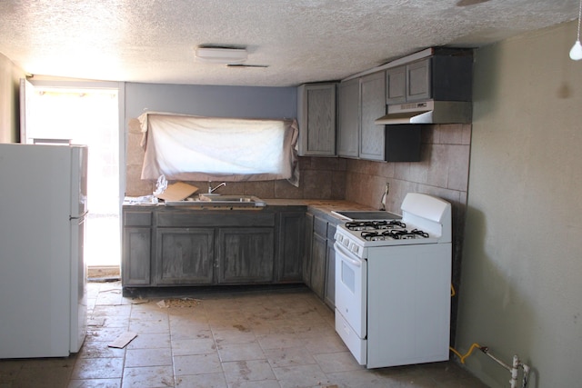 kitchen featuring white appliances, decorative backsplash, gray cabinets, under cabinet range hood, and a sink