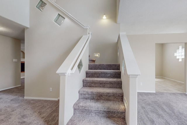 stairs featuring carpet floors