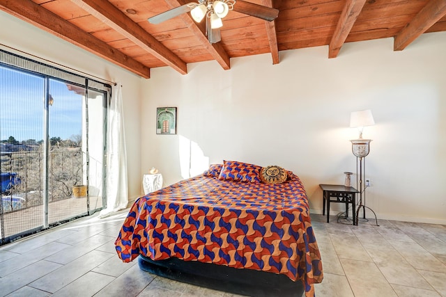 bedroom featuring wooden ceiling, access to outside, light tile patterned floors, and beamed ceiling