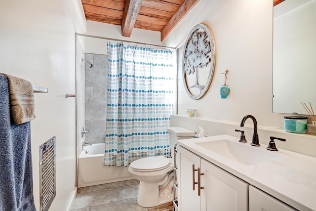 full bathroom featuring tile patterned floors, beamed ceiling, toilet, shower / bath combo, and wooden ceiling