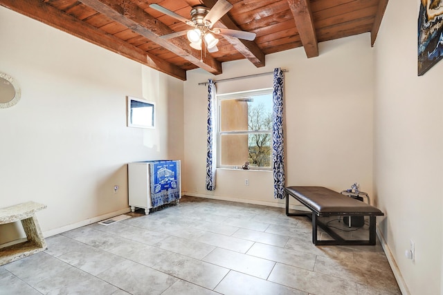 sitting room with light tile patterned floors, baseboards, ceiling fan, wooden ceiling, and beamed ceiling