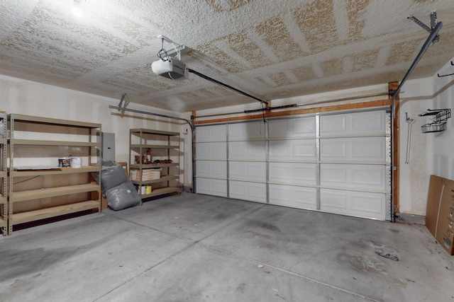 garage with electric panel and a garage door opener