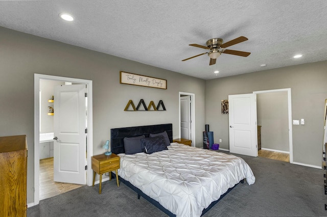 carpeted bedroom with baseboards, recessed lighting, a textured ceiling, and ceiling fan