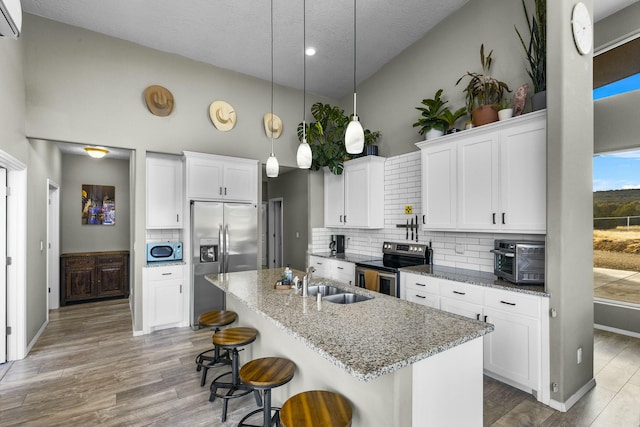 kitchen with a toaster, a kitchen island with sink, a sink, appliances with stainless steel finishes, and light wood-type flooring