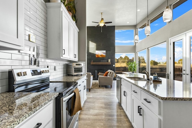 kitchen featuring light wood-type flooring, a ceiling fan, a sink, stainless steel appliances, and decorative backsplash