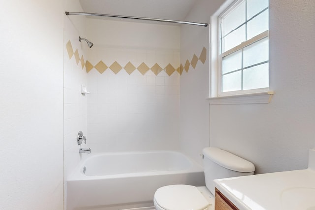 full bathroom featuring bathing tub / shower combination, vanity, and toilet