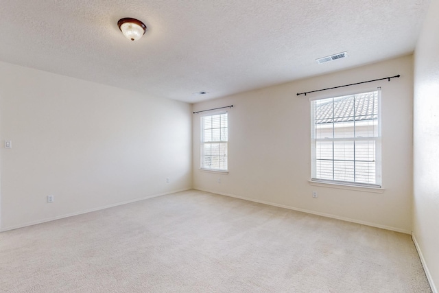 unfurnished room featuring a textured ceiling and light colored carpet