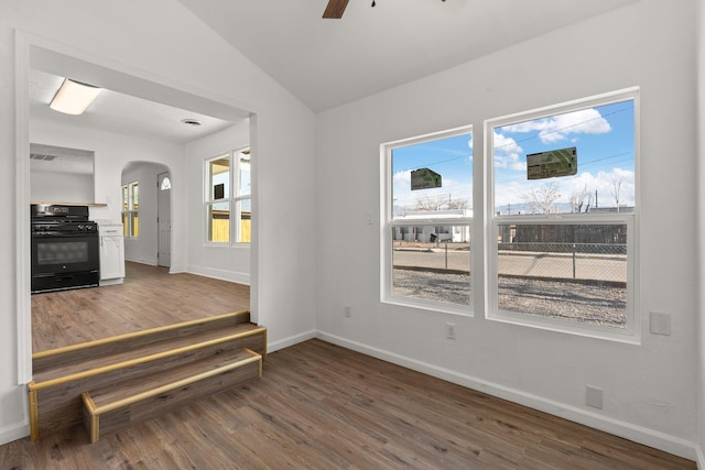 empty room with ceiling fan, dark hardwood / wood-style flooring, and lofted ceiling