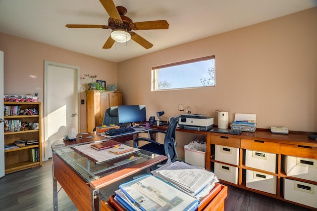 office area featuring ceiling fan and dark wood-type flooring