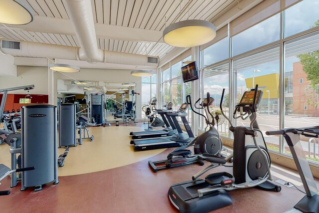 exercise room featuring expansive windows