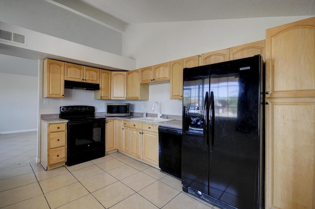 kitchen with black appliances, light tile patterned flooring, sink, and light brown cabinetry