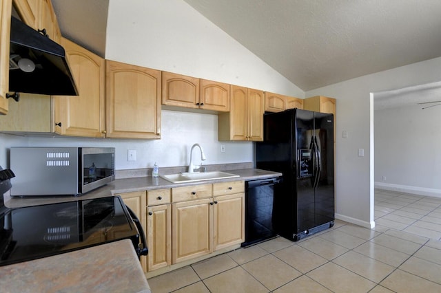 kitchen with light brown cabinetry, ventilation hood, black appliances, sink, and light tile patterned flooring