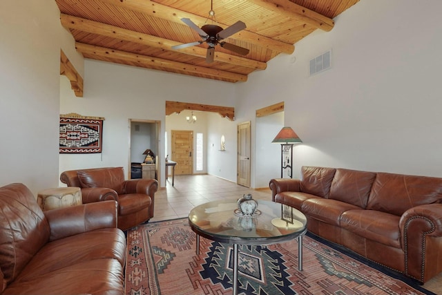 living room featuring ceiling fan, beam ceiling, wooden ceiling, and light tile patterned floors