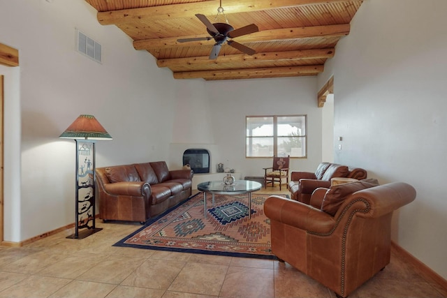 tiled living room with beamed ceiling, ceiling fan, wooden ceiling, and a fireplace