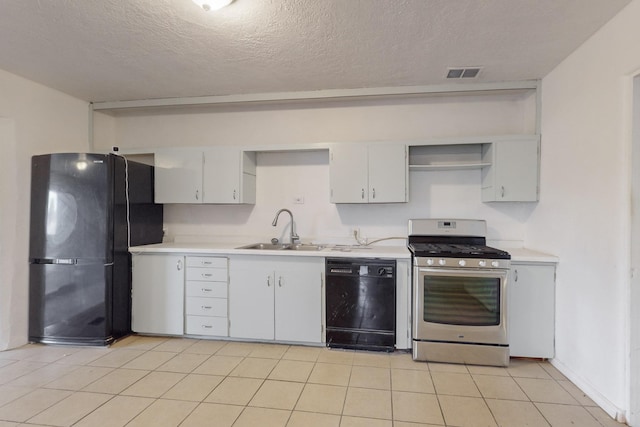 kitchen featuring sink, white cabinets, black appliances, and a textured ceiling