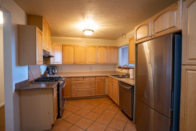 kitchen featuring tasteful backsplash, light brown cabinets, stainless steel appliances, and sink