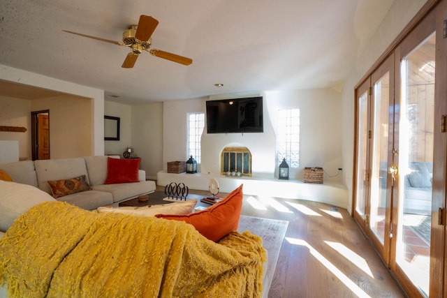 living room with ceiling fan and wood-type flooring