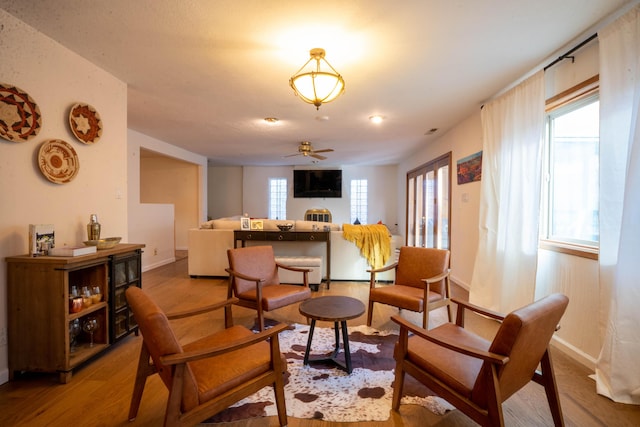 sitting room featuring a wealth of natural light, ceiling fan, and hardwood / wood-style flooring