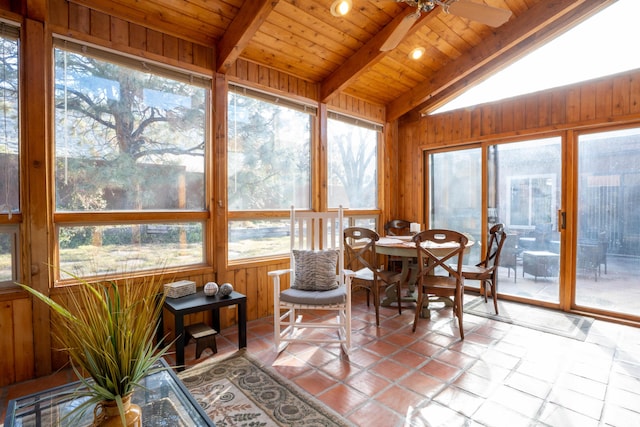 sunroom featuring lofted ceiling with beams, ceiling fan, plenty of natural light, and wood ceiling