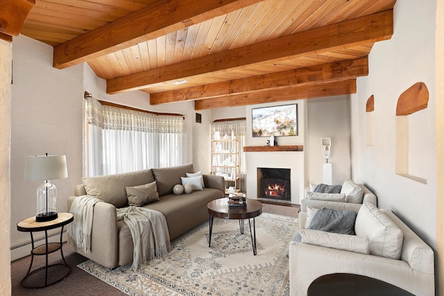 living room with carpet, beam ceiling, wood ceiling, and a baseboard radiator