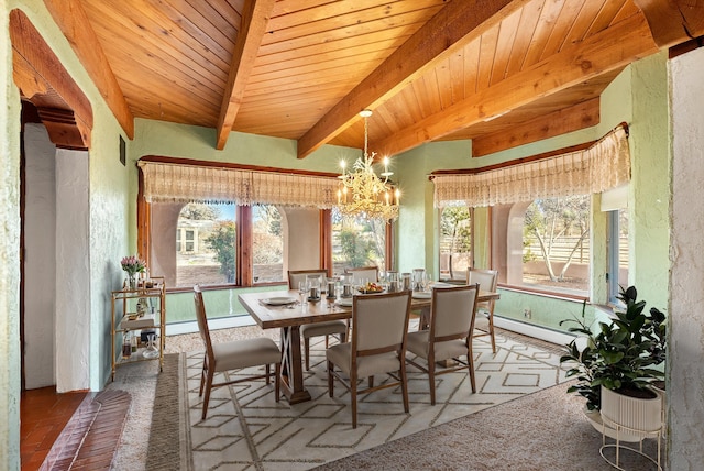 dining room featuring beamed ceiling, a baseboard radiator, a notable chandelier, and wood ceiling