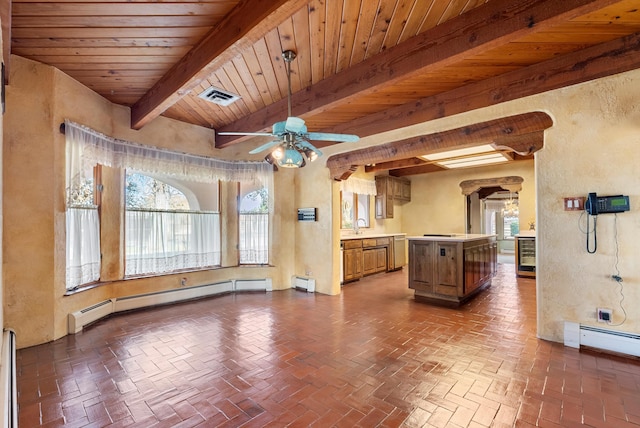 kitchen featuring beam ceiling, a center island, a baseboard radiator, and wooden ceiling