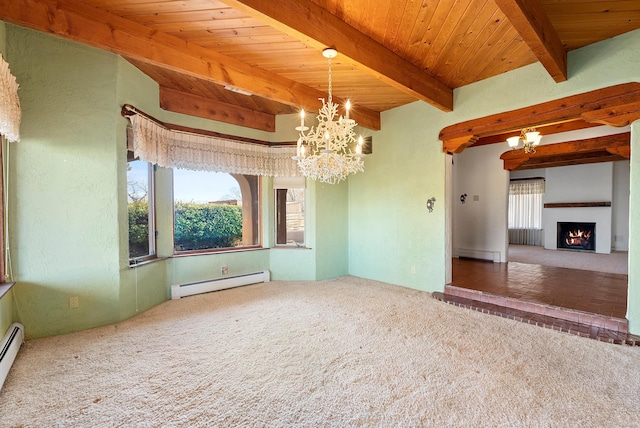 empty room with carpet, a chandelier, wood ceiling, and a baseboard radiator