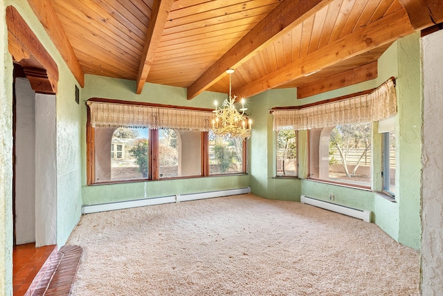 unfurnished sunroom with a notable chandelier, a wealth of natural light, and a baseboard radiator