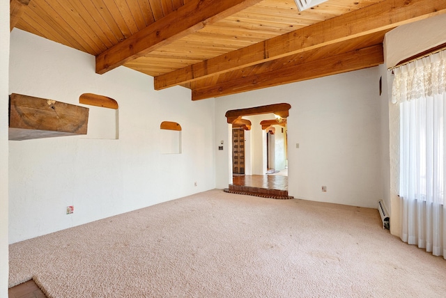 carpeted spare room with beamed ceiling, wood ceiling, and a baseboard heating unit