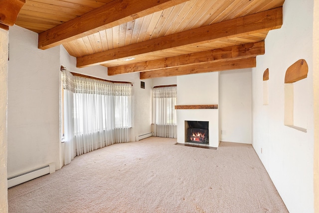 unfurnished living room with beamed ceiling, carpet floors, baseboard heating, and wood ceiling