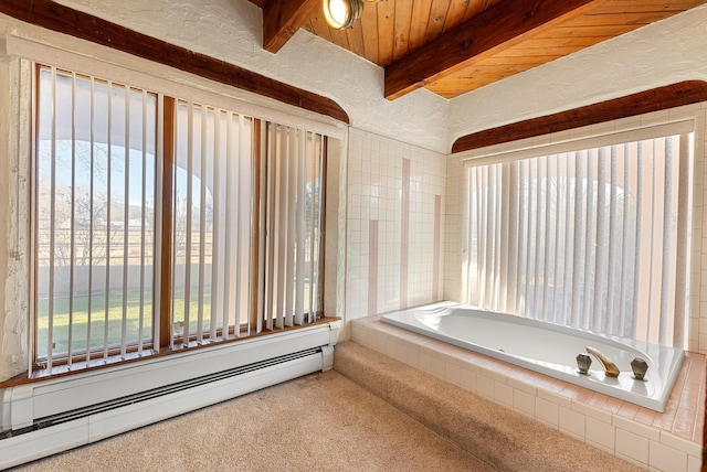 bathroom with a relaxing tiled tub, beam ceiling, wood ceiling, and a baseboard radiator