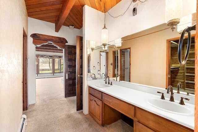 bathroom featuring beam ceiling, vanity, wooden ceiling, and high vaulted ceiling