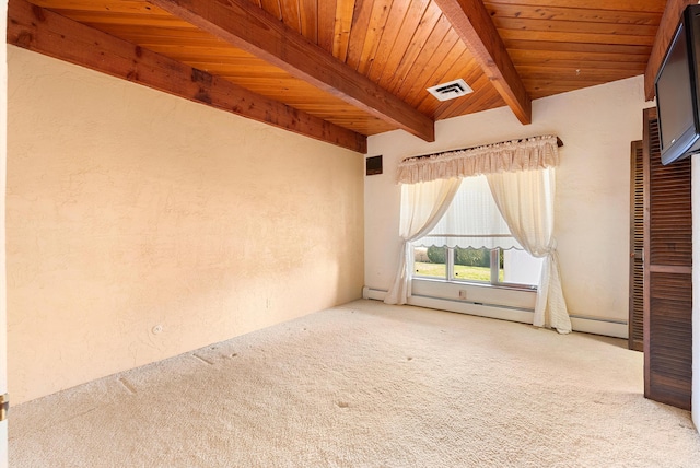 carpeted empty room with beamed ceiling, wood ceiling, and a baseboard heating unit