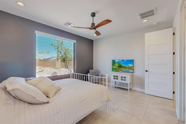 bedroom with light tile patterned floors and ceiling fan