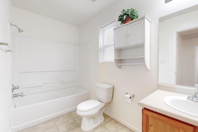 full bathroom with bathing tub / shower combination, toilet, and vanity