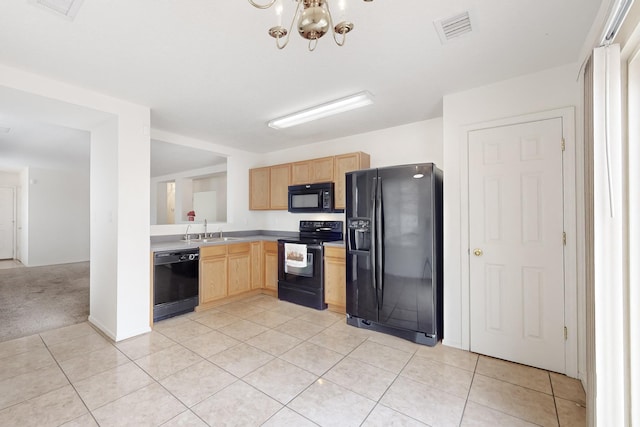 kitchen featuring black appliances, light carpet, sink, an inviting chandelier, and light brown cabinets