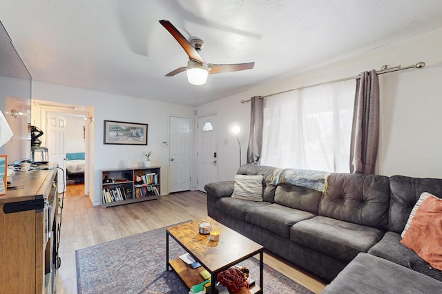 living room featuring ceiling fan and light wood-type flooring