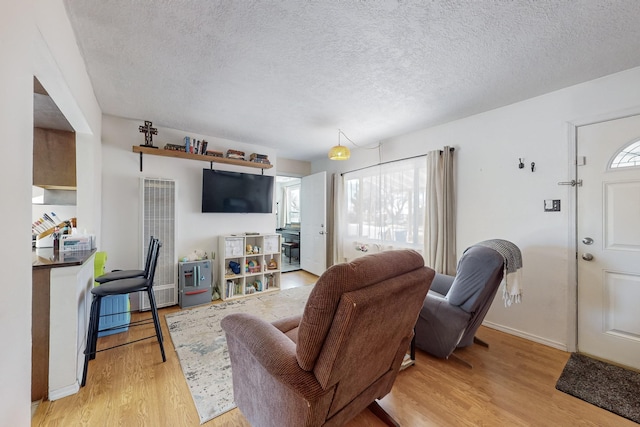 living room featuring a textured ceiling and light hardwood / wood-style floors