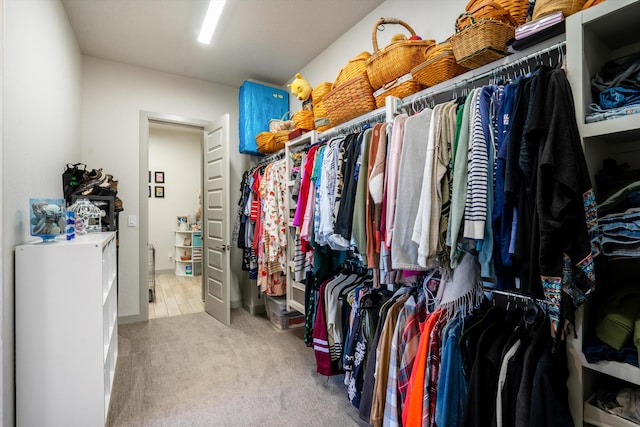 walk in closet with light colored carpet