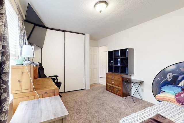 office with light colored carpet and a textured ceiling