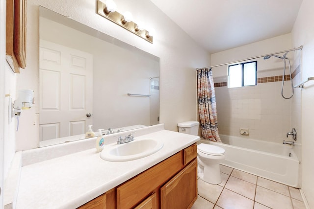 full bathroom featuring tile patterned floors, shower / bath combo, toilet, and vanity