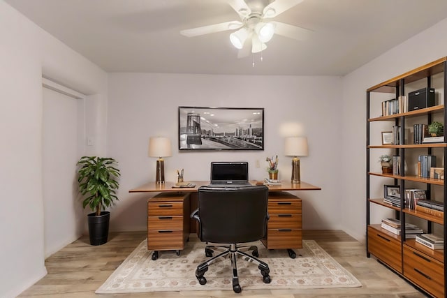 office space with ceiling fan and light hardwood / wood-style floors