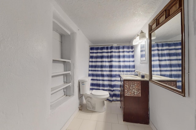 bathroom with vanity, built in shelves, toilet, a textured ceiling, and walk in shower